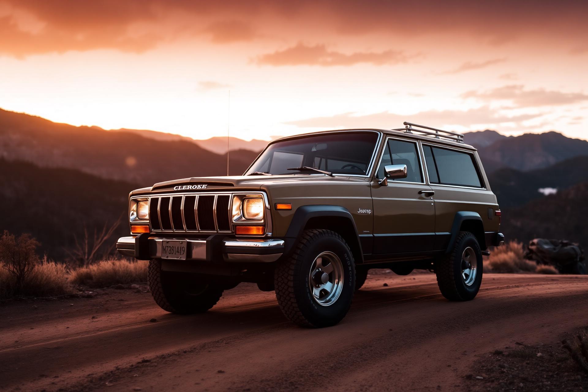 Classic Jeep Cherokee at sunset